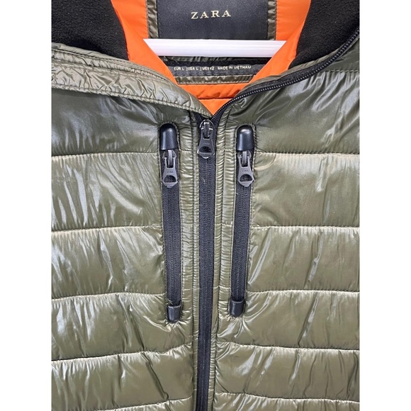Zara‎ Women's Green Black Hooded Quilted Chest/Hip Pockets Puffer Jacket Large - Picture 4 of 11